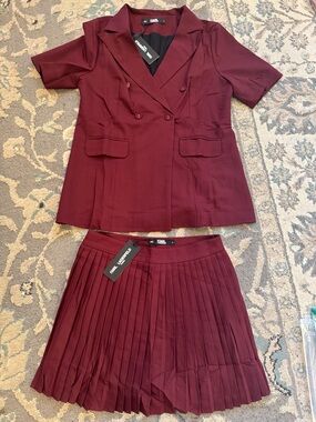 Karl Lagerfeld Burgundy Double-Breasted Blazer & Pleated Skirt